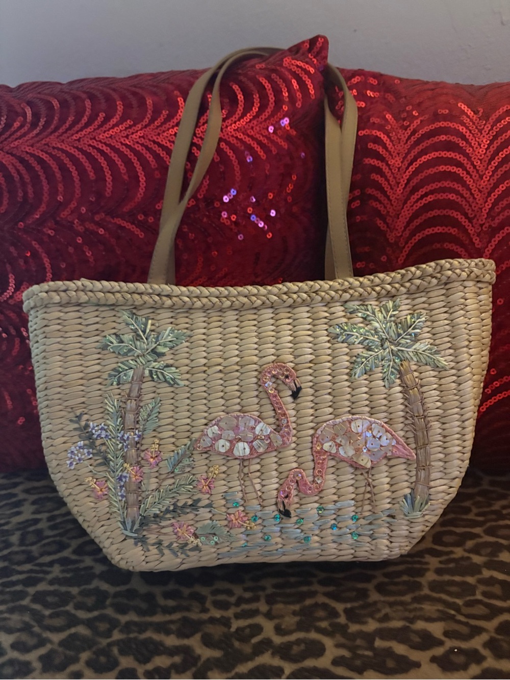 Cappelli Straworld Natural Straw Tote with Pink Flamingo Embroidery